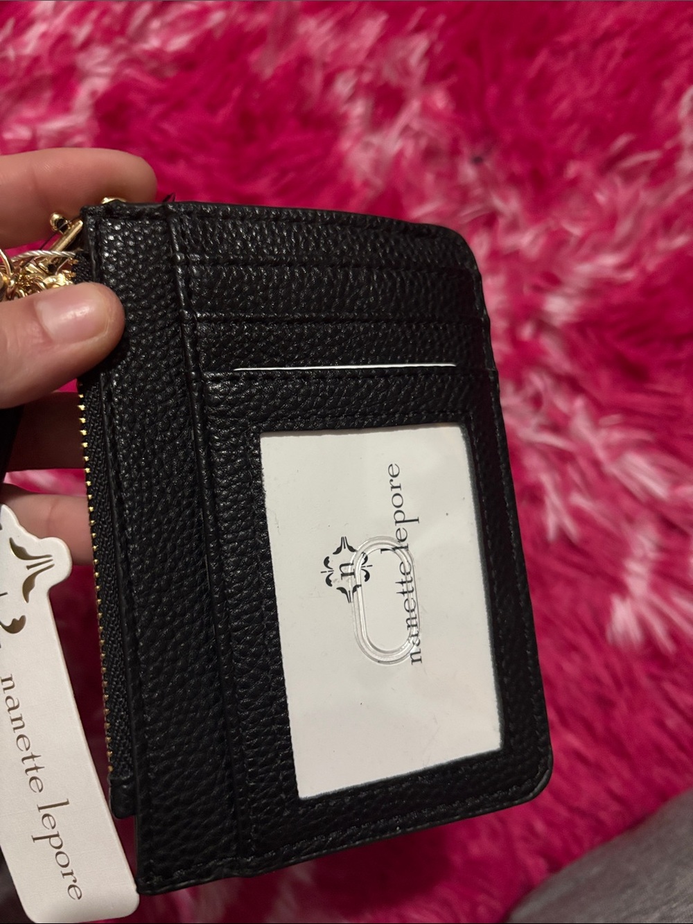 Nanette Lepore Black Pebbled Leather Wristlet Card Holder with Gold Logo nwt - Picture 5 of 7